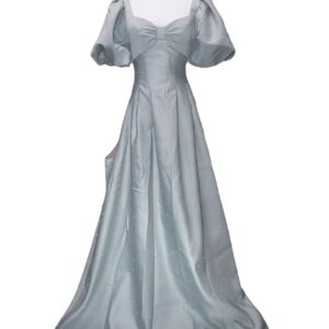 Gray Satin Puff-Sleeve Gown