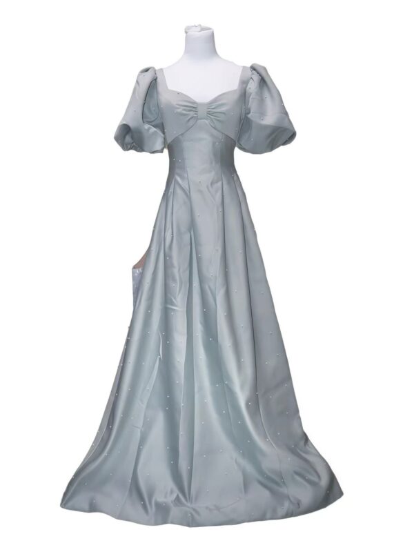 Gray Satin Puff-Sleeve Gown