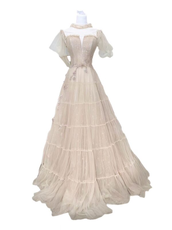 Champagne Short-Sleeve Tulle Gown