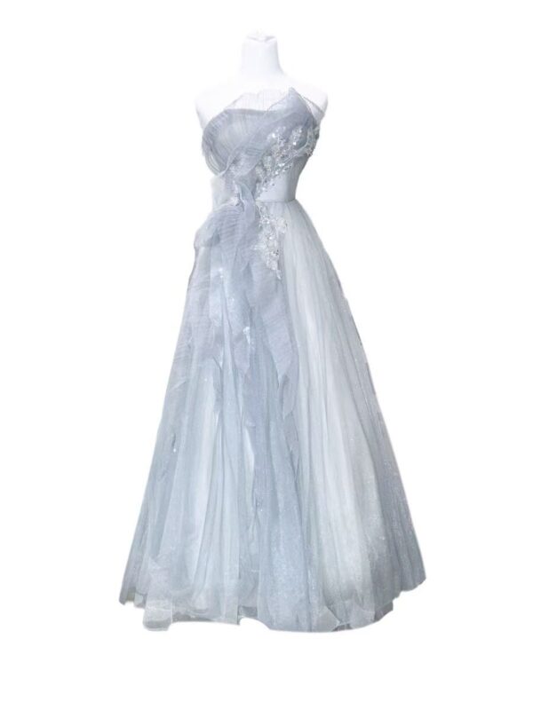 Blue-Grey Strapless Tulle Gown
