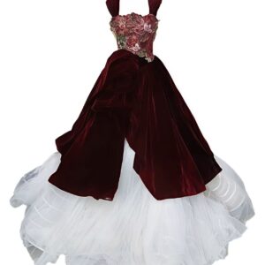 Red Vintage Court-Style Velvet Gown with Full Skirt