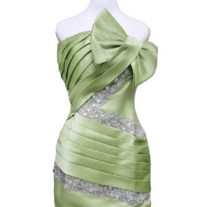 Green Satin Sparkle Bow Mini Dress